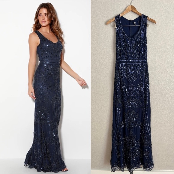 Lulus | Dresses | Nwot Lulus Dramatic Entrance Navy Blue Sequin Maxi |  Poshmark